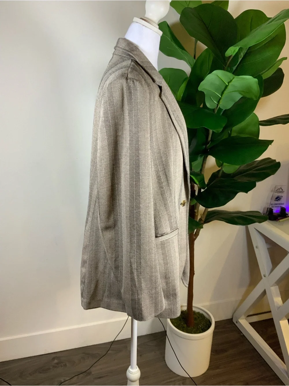 Anne Klein Taupe Striped Single-Button Blazer